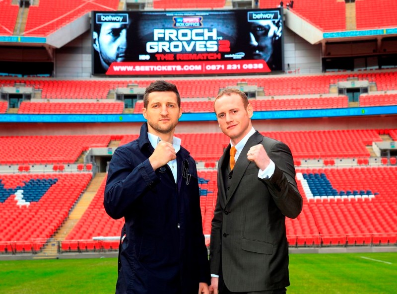 FROCH-GROVES REMATCH CONFERENCE  WEMBLEY STADIUM WEMBLEY PIC;LAWRENCE LUSTIG CARL FROCH AND GEORGE GROVES COME FACE TO FACE AT WEMBLEY STADIUM AND IT GETS A BIT HEATED AS FROCH SHOVES GROVES