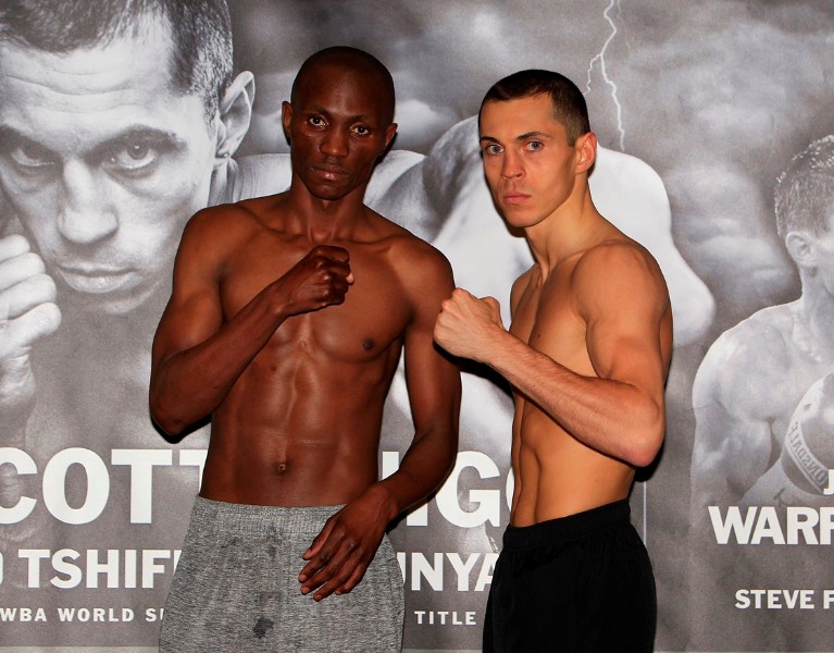 RISE UP PROMOTION WEIGH IN MANCHESTER CENTRAL,MANCHESTER PIC;LAWRENCE LUSTIG WBA SUPER-BANTAMWEIGHT TITLE WORLD CHAMPION SCOTT QUIGG AND CHALLENGER TSHIFHIWA MUNYAIWEIGH IN