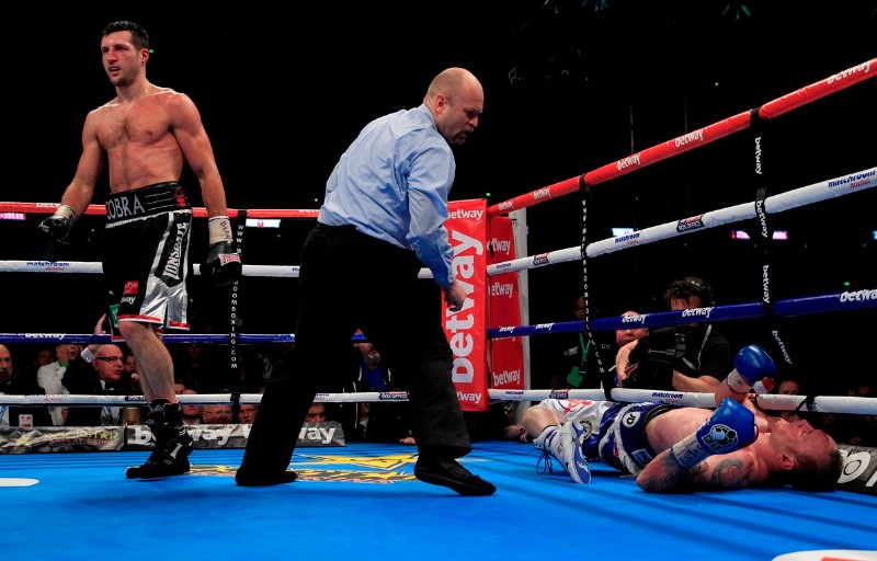 FROCH v GROVES2 THE REMATCH WEMBLEY STADIUM LONDON PIC;LAWRENCE LUSTIG WBA & IBF Super Middleweight World Championships Carl Froch v George Groves Carl Froch knocks out George Groves