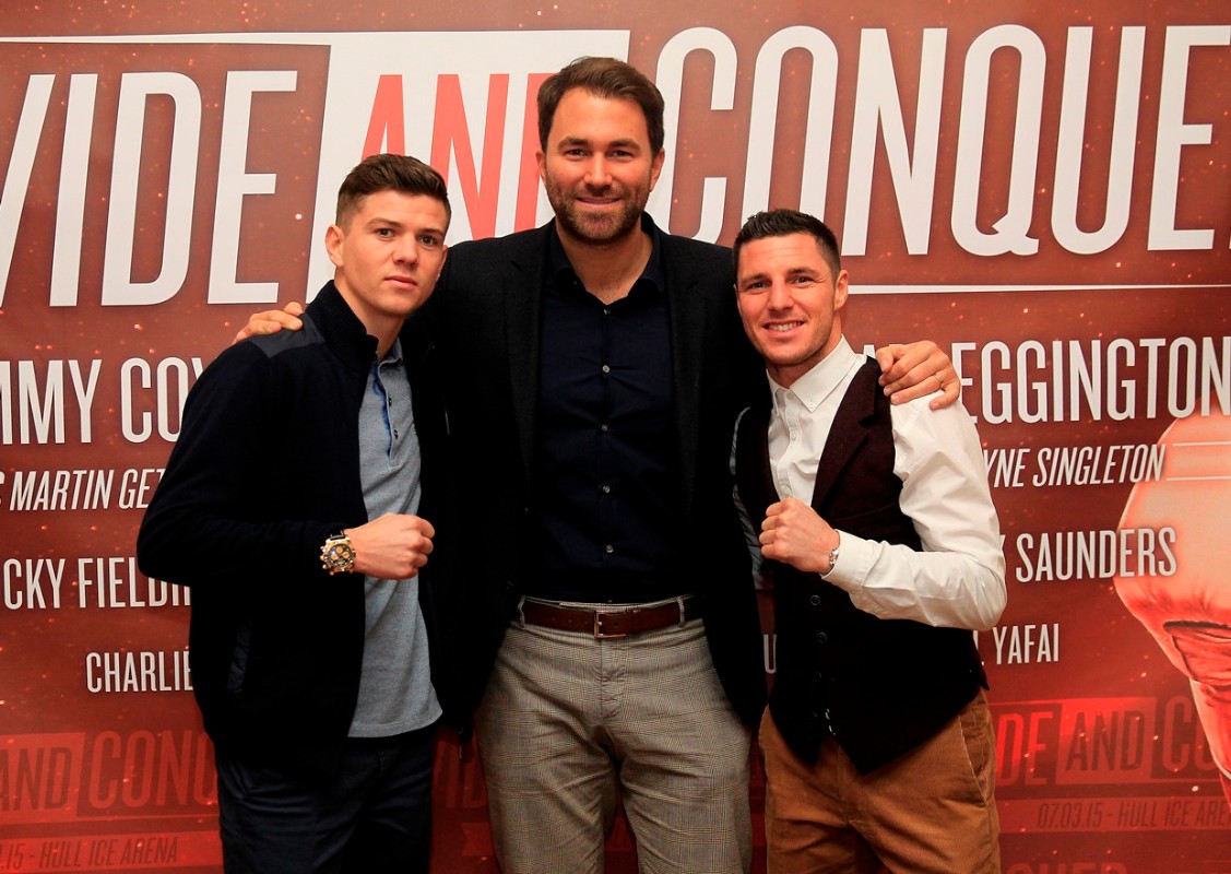 DIVIDE AND CONQUER PRESS CONFERENCE HULL CITY HALL,HULL PIC;LAWRENCE LUSTIG PROMOTER EDDIE HEARN WITH OLYMPIC GOLD MEDALIST LUKE CAMPBELL AND TOMMY COYLE