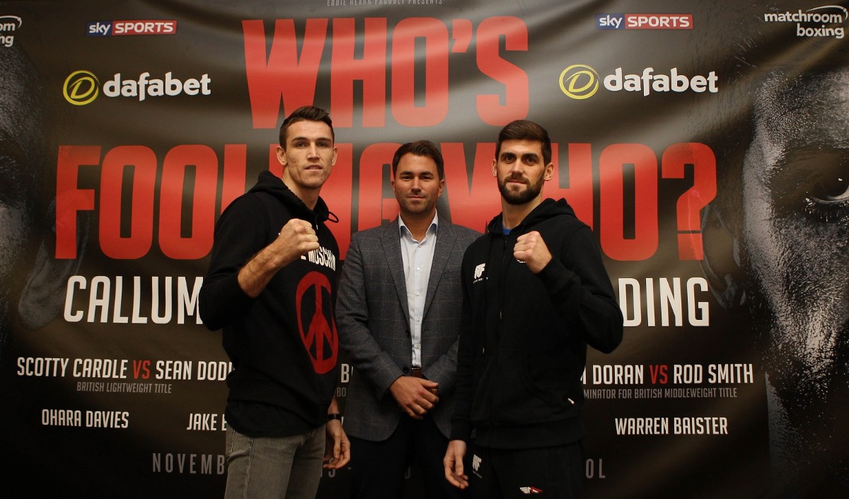 WHO'S FOOLING WHO PRESS CONFERENCE ROYAL LIVER BUILDING,LIVERPOOL PIC;BRADLEY ORMESHER CALLUM SMITH AND ROCKY FIELDING COME FACE TO FACE BEFORE THEY CLASH FOR THE BRITISH SUPER-MIDDLEWEIGHT TITLE ON EDDIE HEARNS MATCHROOM PROMOTION AT THE ECHO ARENA ON SATURDAY(NOV 7TH)