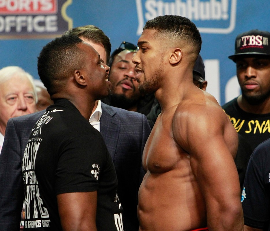 02 BOXING WEIGH IN INDIGO,LONDON PIC; LAWRENCE LUSTIG BRITISH AND COMMONWEALTH HEAVYWEIGHT TITLE ANTHONY JOSHUA AND DILLIAN WHYTE WEIGH IN