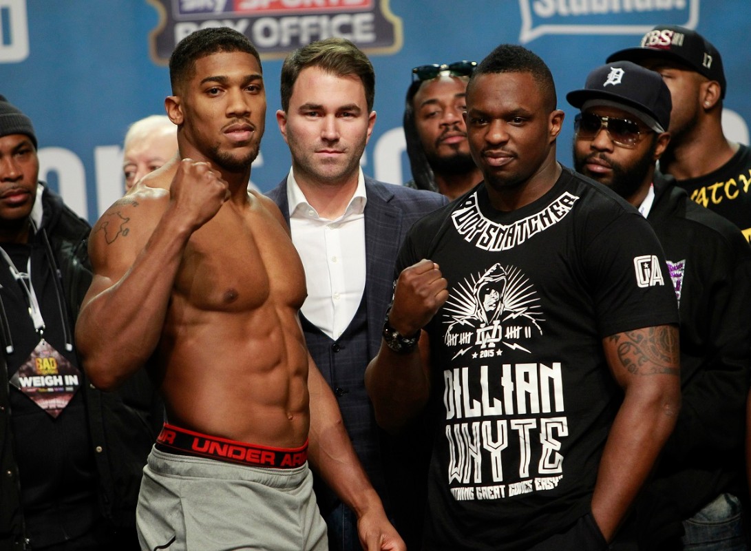 02 BOXING WEIGH IN INDIGO,LONDON PIC; LAWRENCE LUSTIG BRITISH AND COMMONWEALTH HEAVYWEIGHT TITLE ANTHONY JOSHUA AND DILLIAN WHYTE WEIGH IN