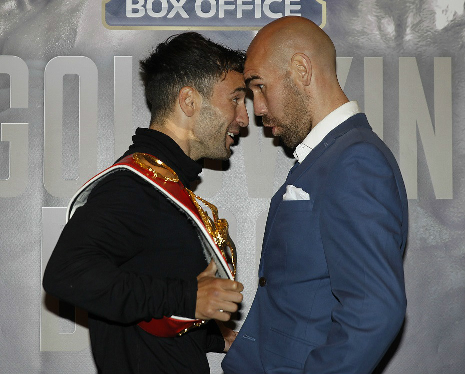 GOLOVKIN BROOK UNDERCARD PRESS CONFERENCE CANARY RIVERSIDE HOTEL,LONDON PIC;LAWRENCE LUSTIG IBF WORLD BANTAMWEIGHT TITLE THINGS GET HEATED AS CHAMPION LEE HASKINS AND CHALLENGER STUART HALL COME FACE TO FACE AHEAD OF THEIR TITLE CLASH AT LONDONS 02 ARENA ON SATURDAY